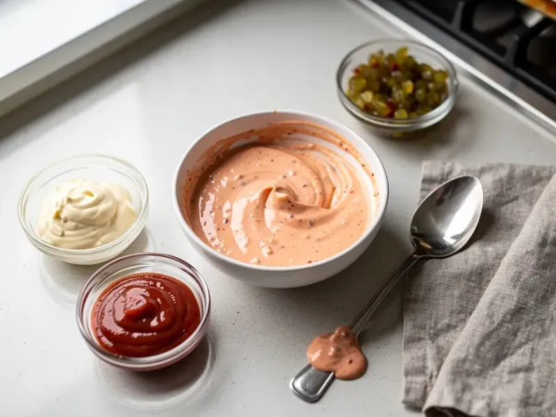 Step 1: Mix together the mayo, ketchup, and sweet relish to make the spread. Set aside.