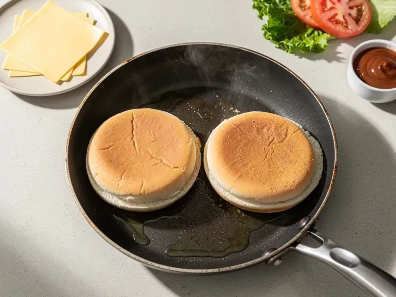 Step 4: Toast the bun halves cut-side down in the same skillet for about 45 seconds unti
