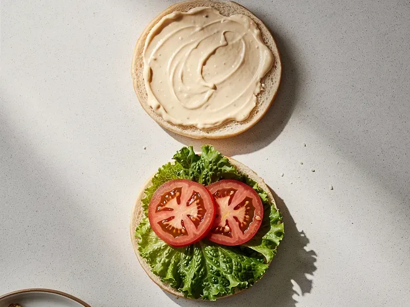 Step 5: Spread the sauce on both bun halves. Layer lettuce and tomato on the bottom bun.