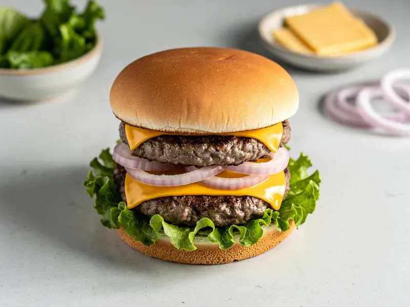 Step 6: Stack the first cheese-topped patty on the lettuce, add onion slices, then place