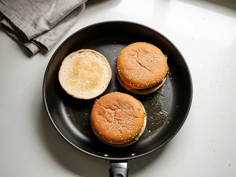 Step 2: Toast the sesame seed bun halves and the extra middle bun piece in a dry skillet