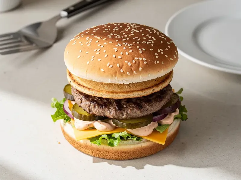 Step 5: Place the first beef patty on top. Add the middle bun layer.