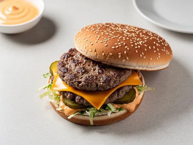 Step 7: Place the second beef patty on top and finish with the sesame seed crown bun.