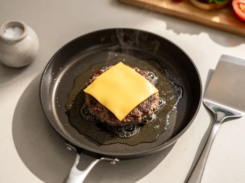 Step 2: Heat a skillet or flat griddle over medium-high heat. Place the patty on the hot