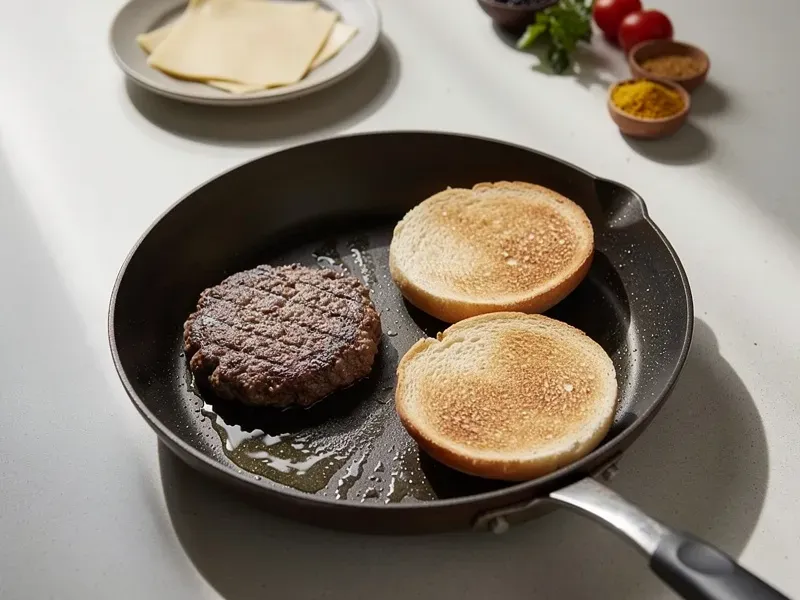 Step 4: While the patty cooks, toast the bun halves cut-side down in a dry skillet over