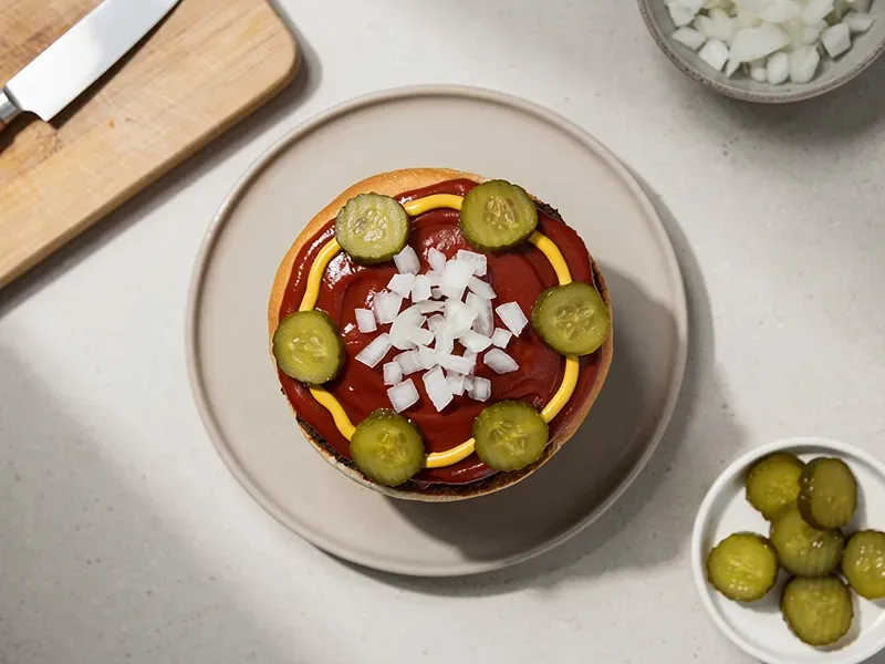 Step 5: Spread ketchup on the bottom bun, followed by mustard. Add the diced onions and