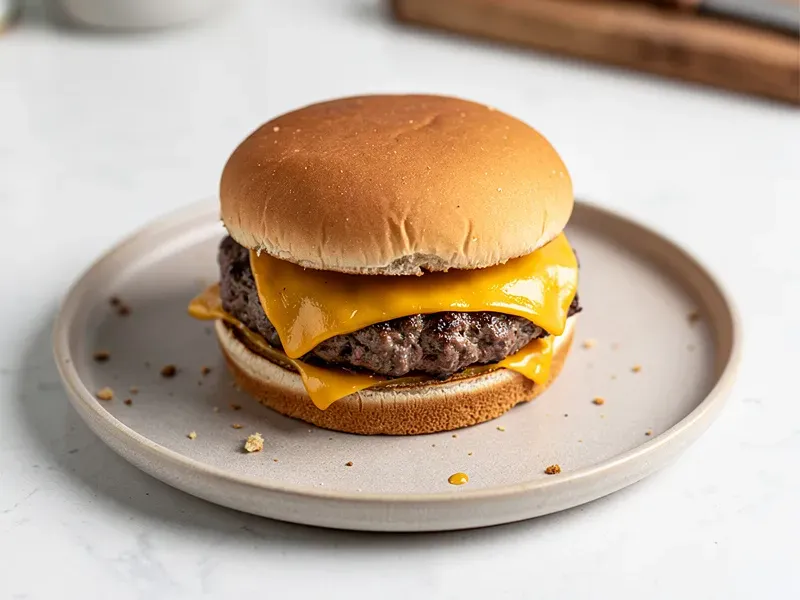 Step 6: Place the cheese-topped beef patty on the dressed bottom bun. Close with the top