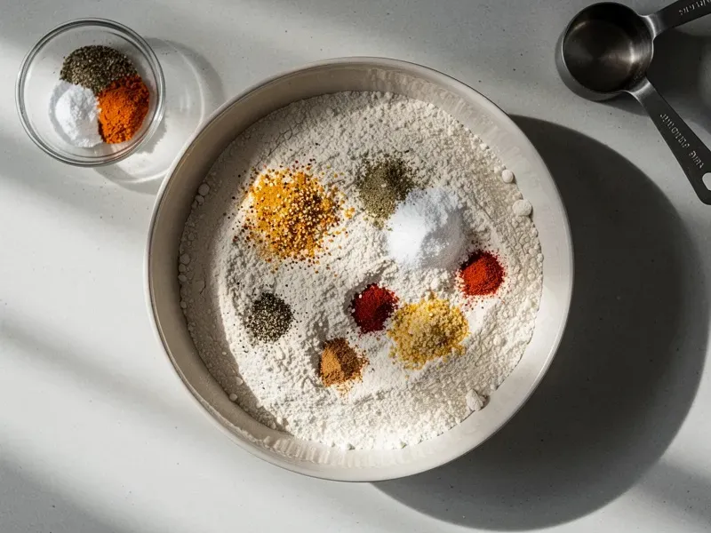 Step 2: In a shallow bowl, mix the flour, cornstarch, baking powder, garlic powder, onio