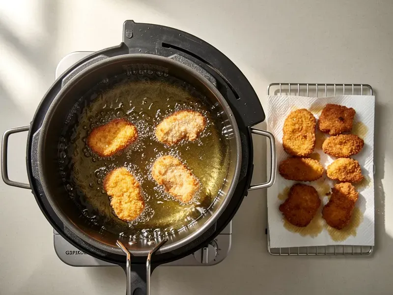 Step 4: Heat the oil to 375F (190C) in a heavy pot or deep fryer. Fry the nuggets in bat