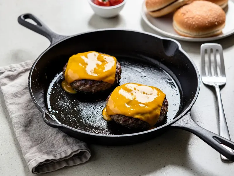 Step 3: Flip both patties. Immediately place one slice of American cheese on each patty.