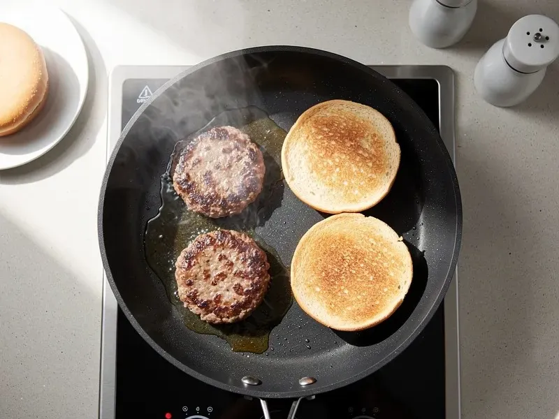 Step 4: While the patties cook, toast the bun halves cut-side down in a dry skillet over