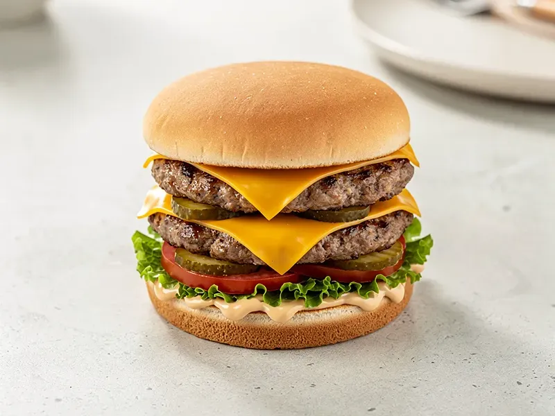 Step 6: Stack the first cheese-topped patty on the dressed bottom bun, then place the se