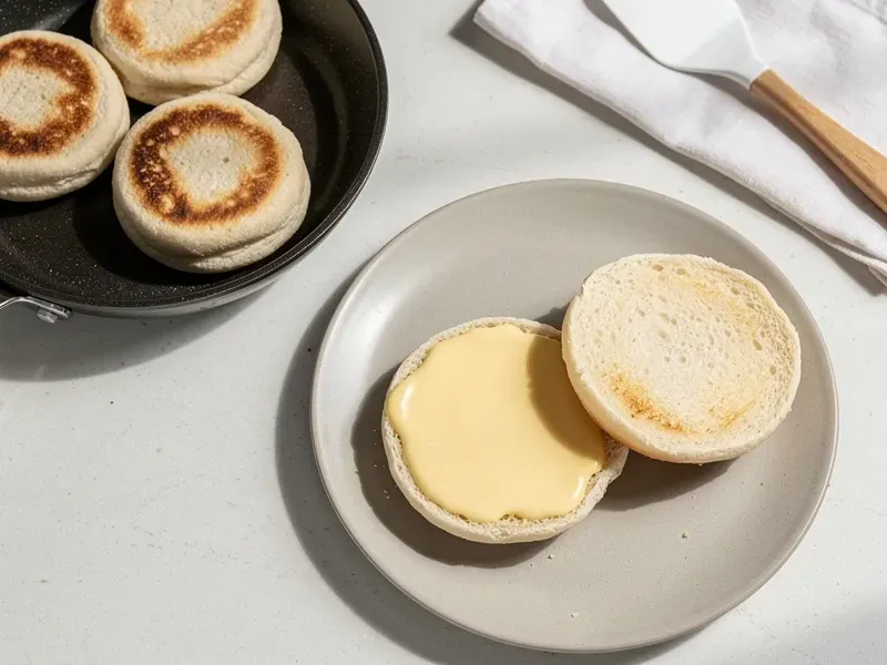 Step 1: Toast the English muffin halves in a dry skillet or toaster until lightly golden