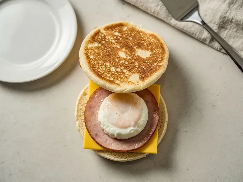 Step 4: Assemble the sandwich: place the Canadian bacon on the bottom muffin half, add t