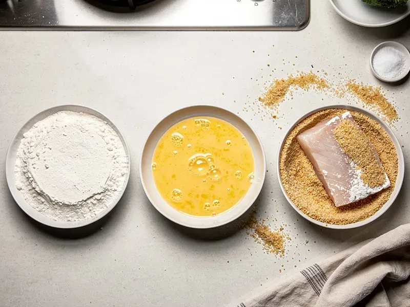 Step 2: Set up a breading station with three shallow bowls: one with flour, one with the