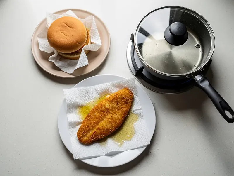 Step 4: Transfer the fried fillet to a paper towel-lined plate to drain excess oil. Whil