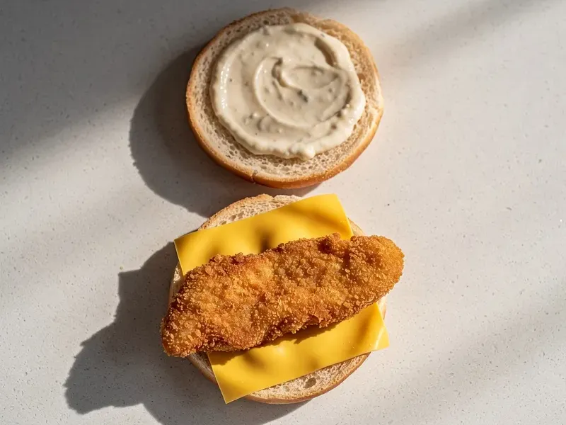 Step 6: Place the half slice of American cheese on the bottom bun. Set the hot fried fis