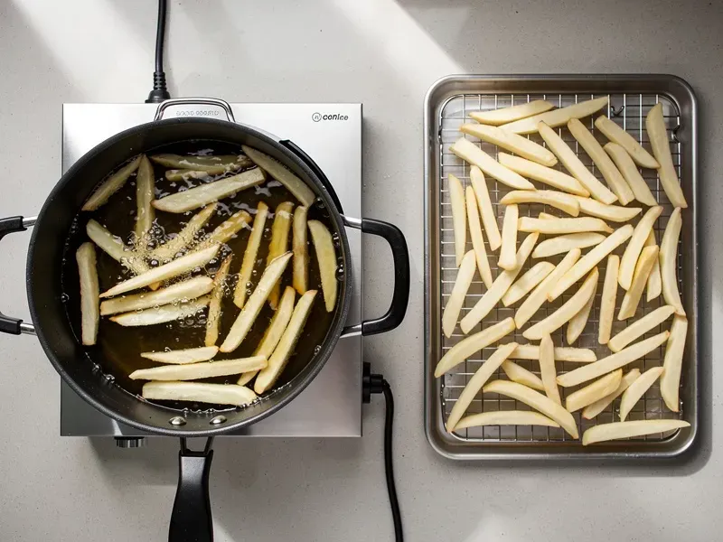 Step 3: Heat the oil to 300F (150C) in a heavy pot or deep fryer. Par-cook the fries in