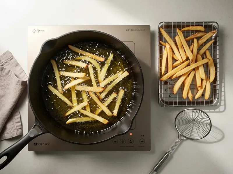 Step 4: Reheat the oil to 375F (190C). Fry the potatoes in batches for 2-3 minutes until