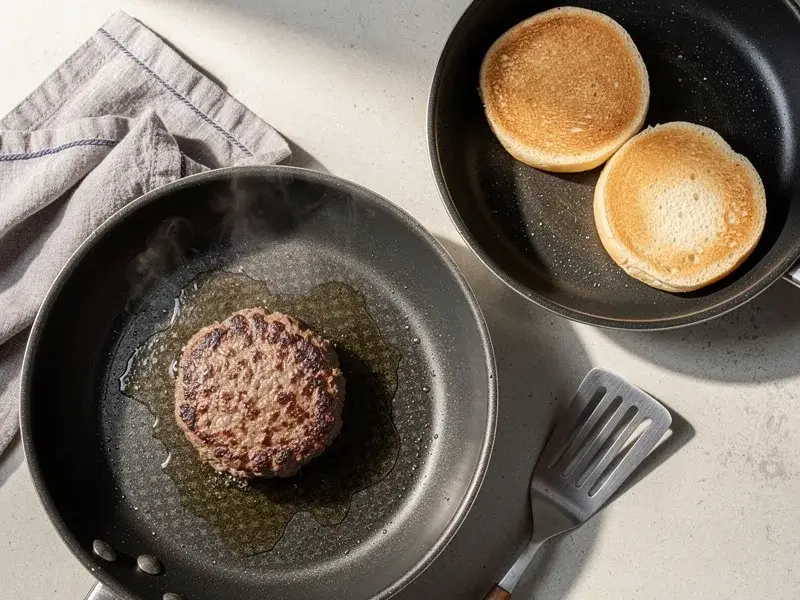 Step 3: While the patty cooks, toast the bun halves cut-side down in a separate dry skil