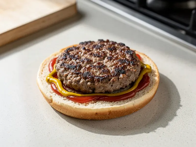 Step 4: Spread ketchup and mustard on the bottom bun. Place the cooked beef patty on top