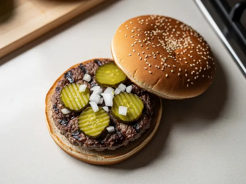Step 5: Add the dill pickle slices and diced onion on top of the patty. Close with the c