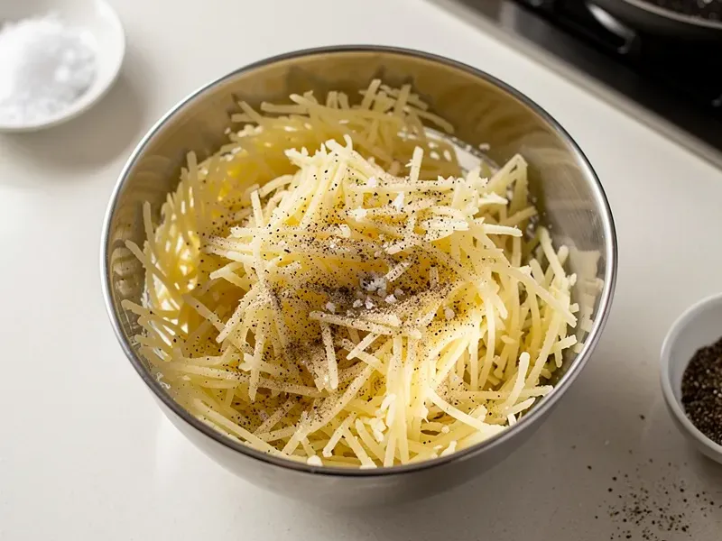 Step 2: Season the shredded potato with salt and pepper. Toss to distribute evenly.