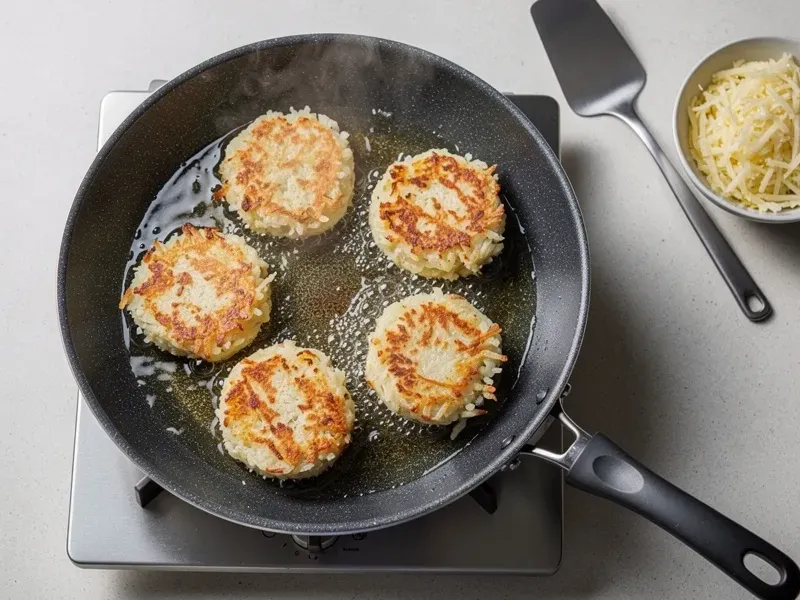 Step 4: Heat the oil in a non-stick skillet over medium-high heat. Place the patties in