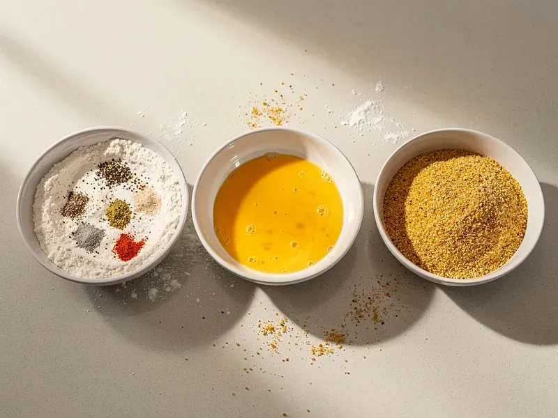Step 1: Set up a breading station with three shallow bowls: one with flour mixed with sa