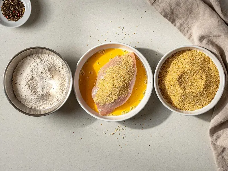 Step 2: Dredge the chicken breast in the seasoned flour, shaking off any excess. Dip it