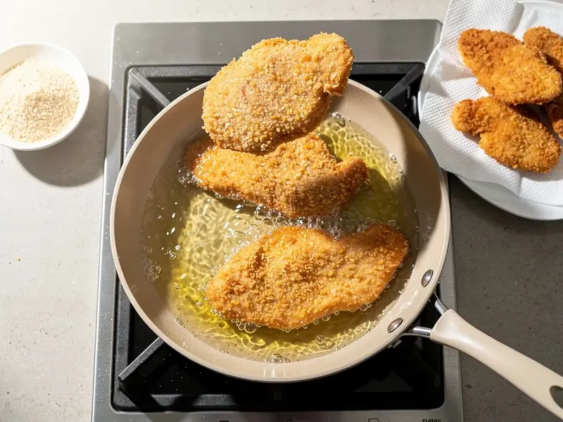 Step 4: Carefully place the breaded chicken into the hot oil. Fry for 4-5 minutes per si
