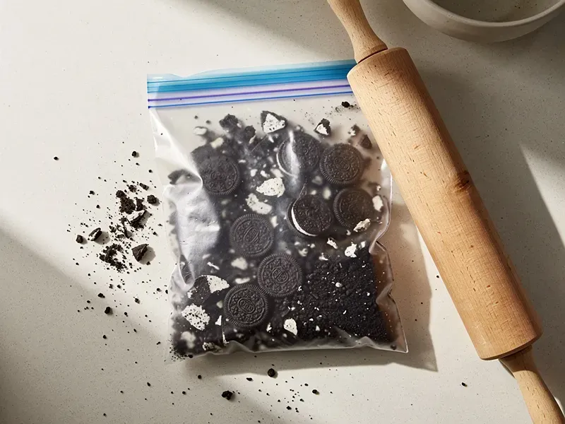 Step 2: Crush the Oreo cookies into small pieces. You want a mix of fine crumbs and larg