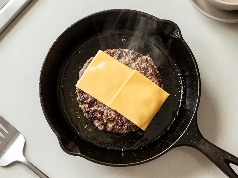 Step 3: Flip the patty and immediately place both slices of American cheese on top. Cook