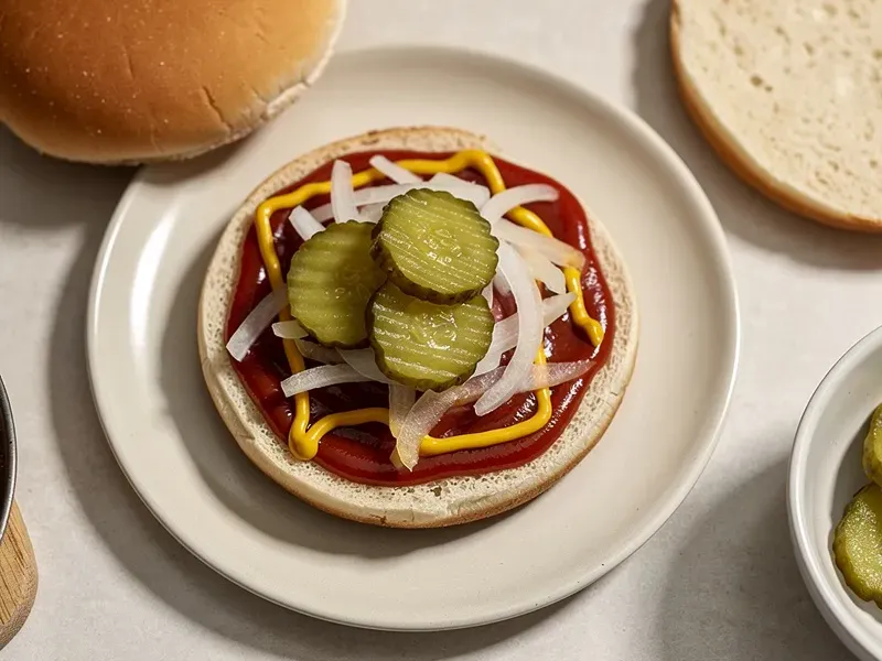 Step 5: Spread ketchup on the bottom bun, then add a thin line of mustard. Layer the sli