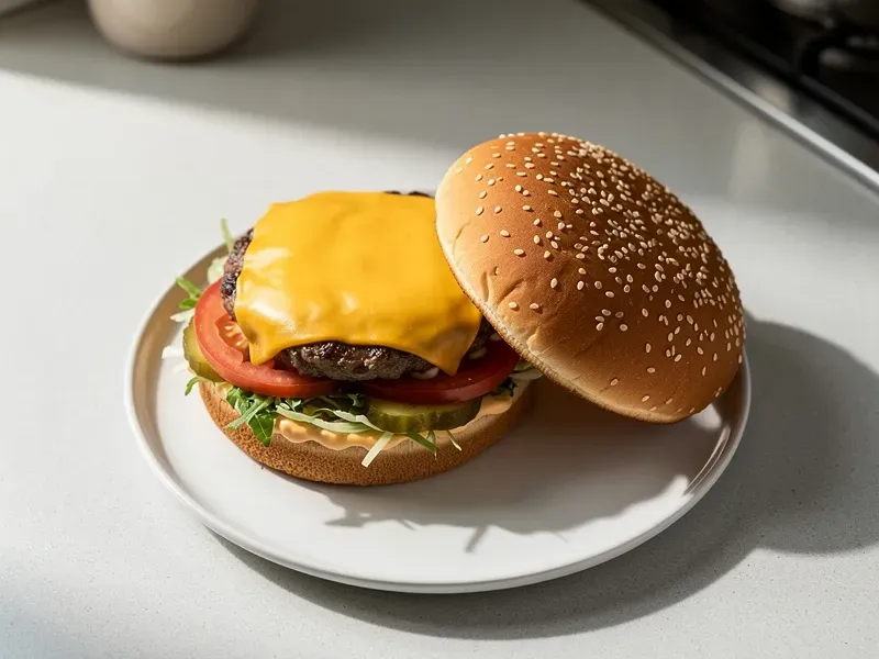 Step 6: Place the cheese-topped patty on the dressed bottom bun. Close with the toasted 