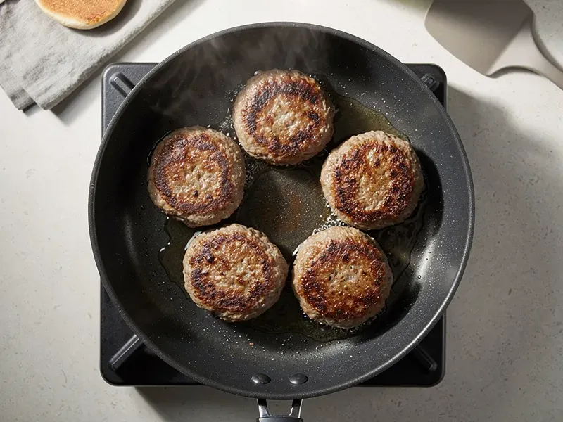 Step 2: Heat a skillet over medium heat. Cook the sausage patties for 3 to 4 minutes per