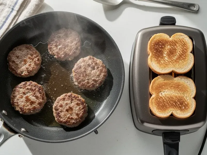 Step 3: While the sausage cooks, split the English muffins and toast them in a toaster o