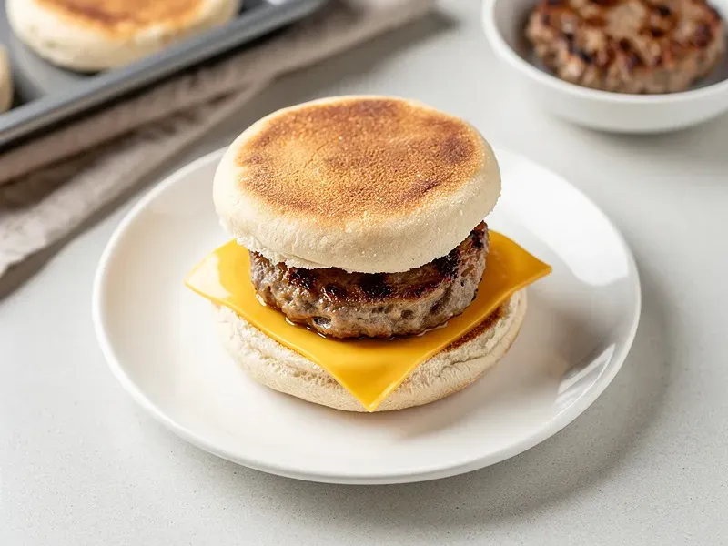 Step 4: Place a slice of American cheese on each bottom muffin half. Set the hot sausage