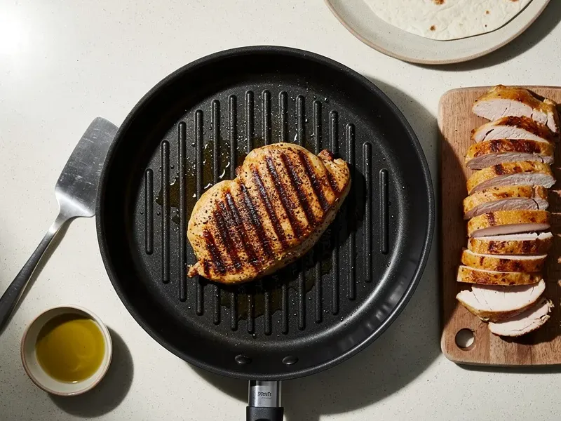 Step 2: Heat the olive oil in a grill pan or skillet over medium-high heat. Cook the sea