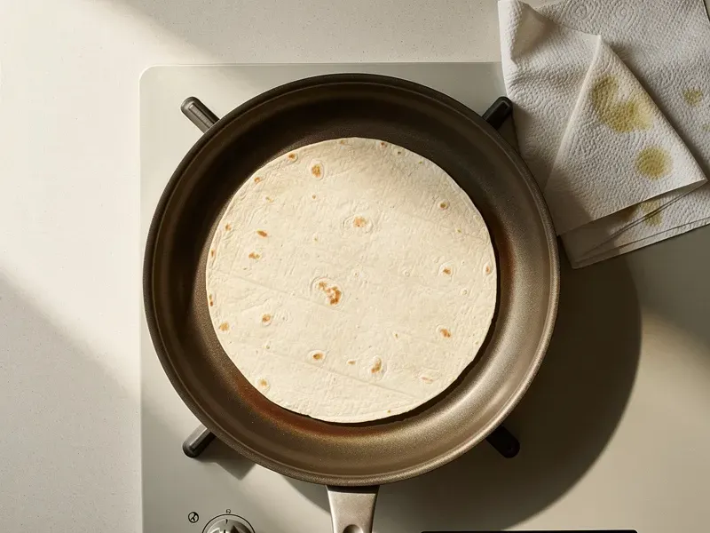Step 3: Warm the flour tortilla by placing it in a dry skillet over medium heat for abou