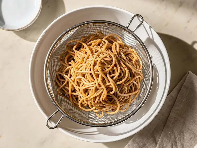 Step 1: Cook the yakisoba noodles according to package directions. Drain and rinse brief