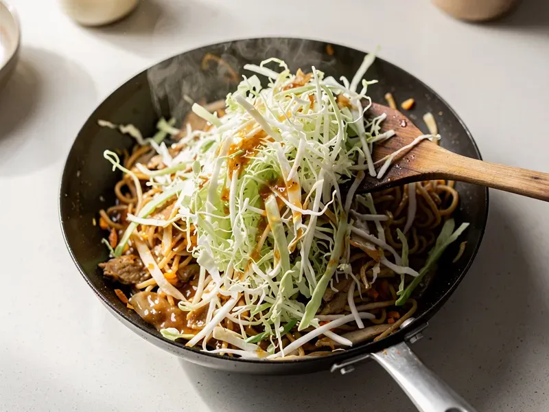 Step 5: Add the shredded cabbage and stir-fry for 1 to 2 minutes until the cabbage wilts