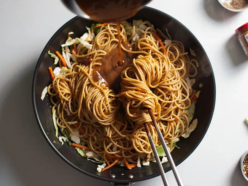 Step 6: Add the cooked noodles to the wok. Pour the sauce mixture over the noodles and t