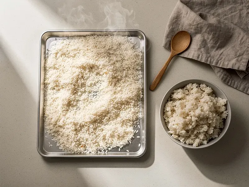 Step 1: If using freshly cooked rice, spread it on a sheet pan and refrigerate uncovered