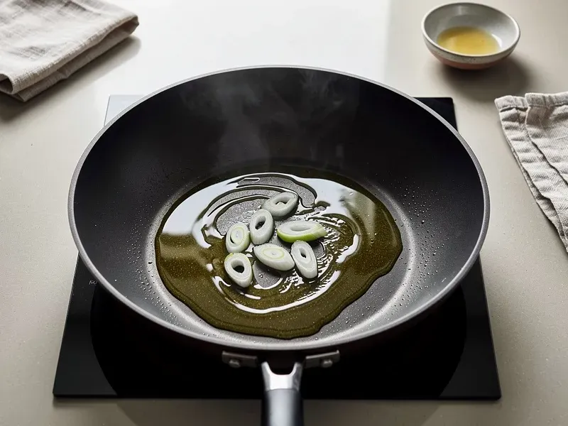 Step 3: Add the remaining 2 tablespoons of vegetable oil to the wok over high heat. Add