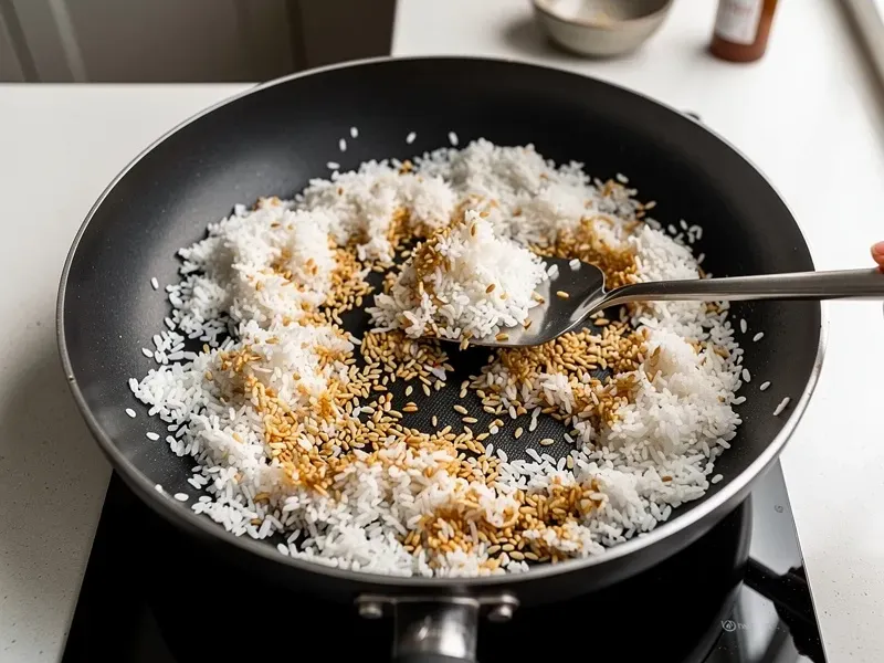 Step 5: Add the cold rice to the wok, breaking up any clumps with a spatula. Spread the