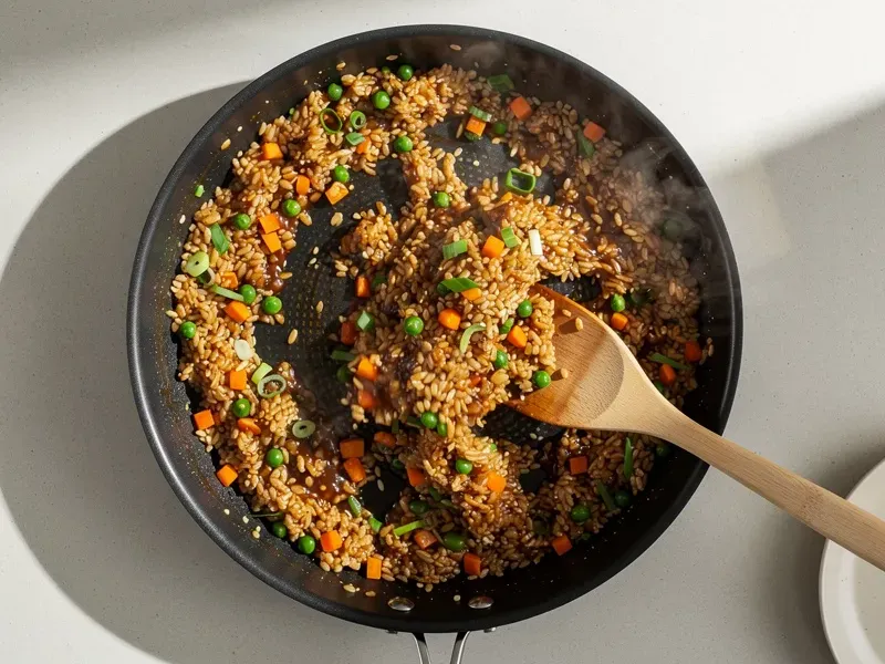 Step 6: Drizzle the soy sauce, oyster sauce, sesame oil, and white pepper over the rice.