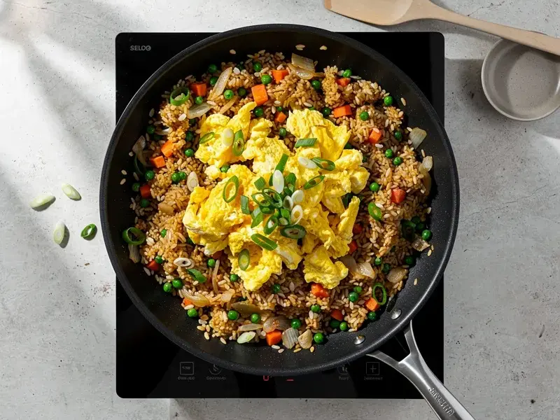 Step 7: Add the scrambled egg back to the wok along with the green parts of the green on