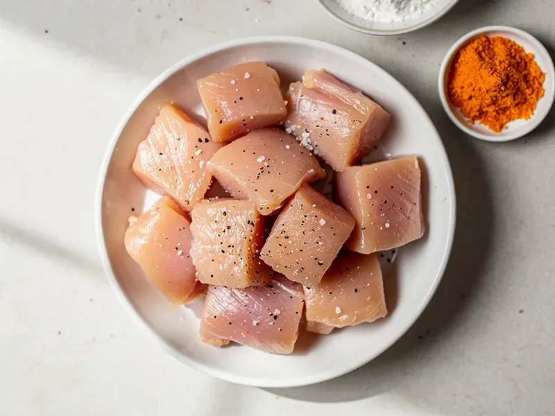 Step 1: Cut the chicken breasts into bite-sized pieces (about 2.5cm (1-inch) cubes). Sea