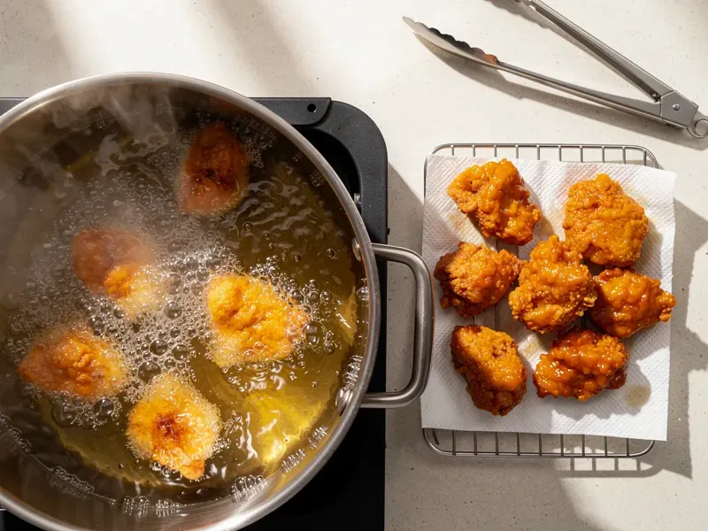 Step 3: Heat vegetable oil in a deep pot or fryer to 375F (190C). Fry the chicken pieces